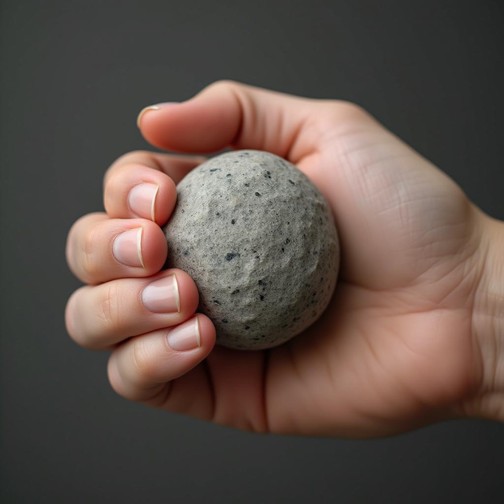  good quality, high quality, close up of a person's hand holding a smooth stone, showcasing the contrast between the skin and the stone's texture. the background is minimal to highlight the hand and stone