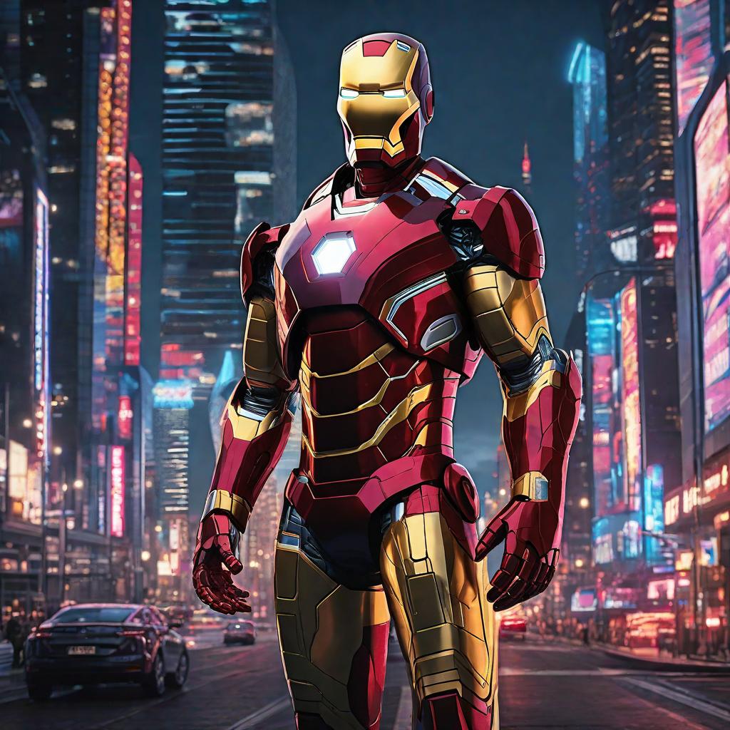  masterpiece, best quality, Best quality, masterpiece, 8k resolution, realistic, highly detailed, close up of Iron Man. In a cyberpunk-style night scene of the city, he stands on a street lined with tall buildings. The city's night lights are bright, The surrounding buildings and streets are filled with cyberpunk elements such as neon lights, high-tech devices, and futuristic architectural designs.