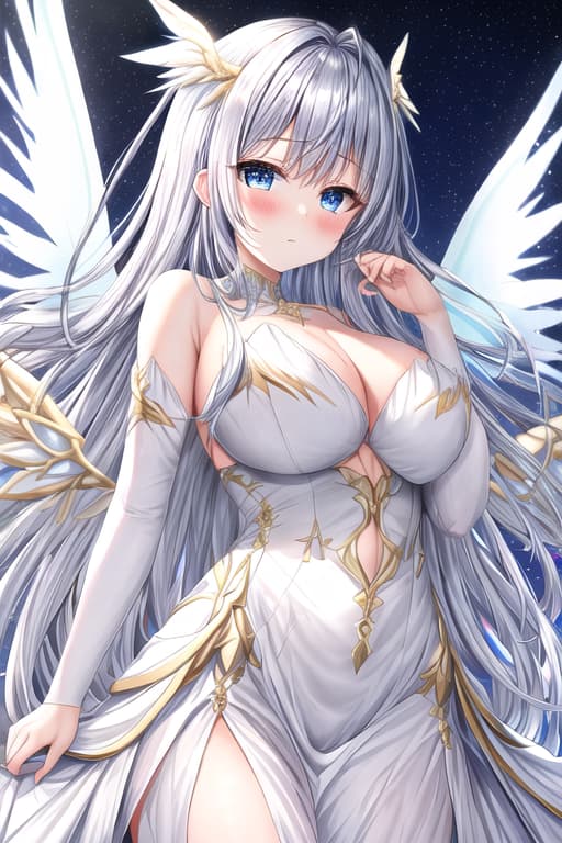  bright blue eyes,silver hair,provocative,night sky,white and gold outfit,Angel, white dress, multiple wings, large wings, fairy, masterpiece, best quality, high quality, solo