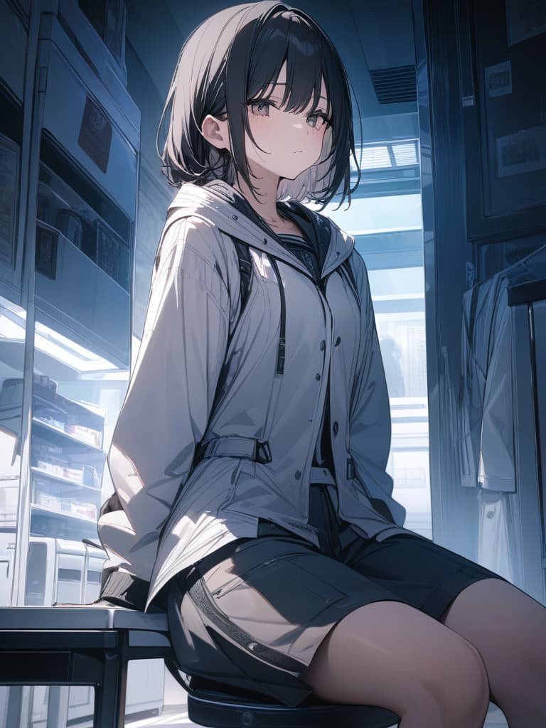  Gray jerseys, habits, black hair, masks, health rooms, sitting in chairs, tie up, center division, male, white coat, masterpiece, best quality,8k,ultra detailed,high resolution,an extremely delicate and beautiful,hyper detail