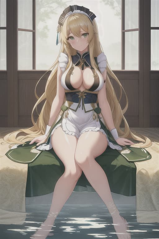  (score 9,score 8 up,score 7 up,),1girl,solo,maid,maid headdress,looking at viewer,outdoor,lake,apron,blonde hair,indoors,green eyes,bare foot,two feet in the water lotus flower sex stunny hyperrealistic, full body, detailed clothing, highly detailed, cinematic lighting, stunningly beautiful, intricate, sharp focus, f/1. 8, 85mm, (centered image composition), (professionally color graded), ((bright soft diffused light)), volumetric fog, trending on instagram, trending on tumblr, HDR 4K, 8K