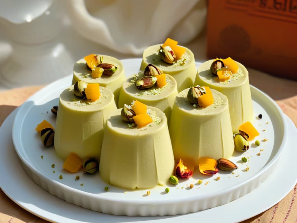  An ultradetailed image of a traditional Indian kulfi dessert resting on a delicate silver platter, garnished with saffron threads, crushed pistachios, and a sprinkle of cardamom powder. The kulfi is perfectly textured, showcasing a slight sheen that indicates its rich creaminess. The background is a soft focus of a bustling Indian marketplace, adding a touch of authenticity to the scene. hyperrealistic, full body, detailed clothing, highly detailed, cinematic lighting, stunningly beautiful, intricate, sharp focus, f/1. 8, 85mm, (centered image composition), (professionally color graded), ((bright soft diffused light)), volumetric fog, trending on instagram, trending on tumblr, HDR 4K, 8K