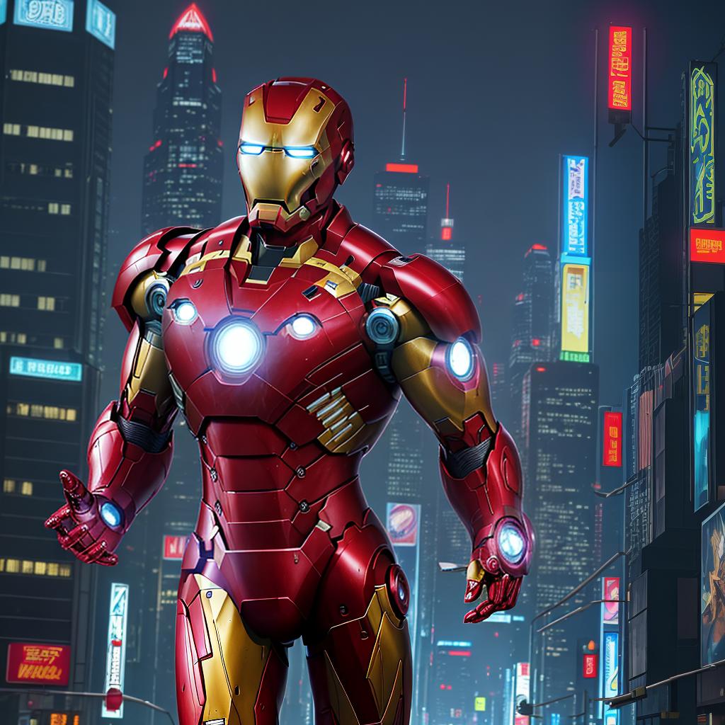  masterpiece, best quality, Best quality, masterpiece, 8k resolution, realistic, highly detailed, close up of Iron Man. In a cyberpunk-style night scene of the city, he stands on a street lined with tall buildings. The city's night lights are bright, The surrounding buildings and streets are filled with cyberpunk elements such as neon lights, high-tech devices, and futuristic architectural designs.