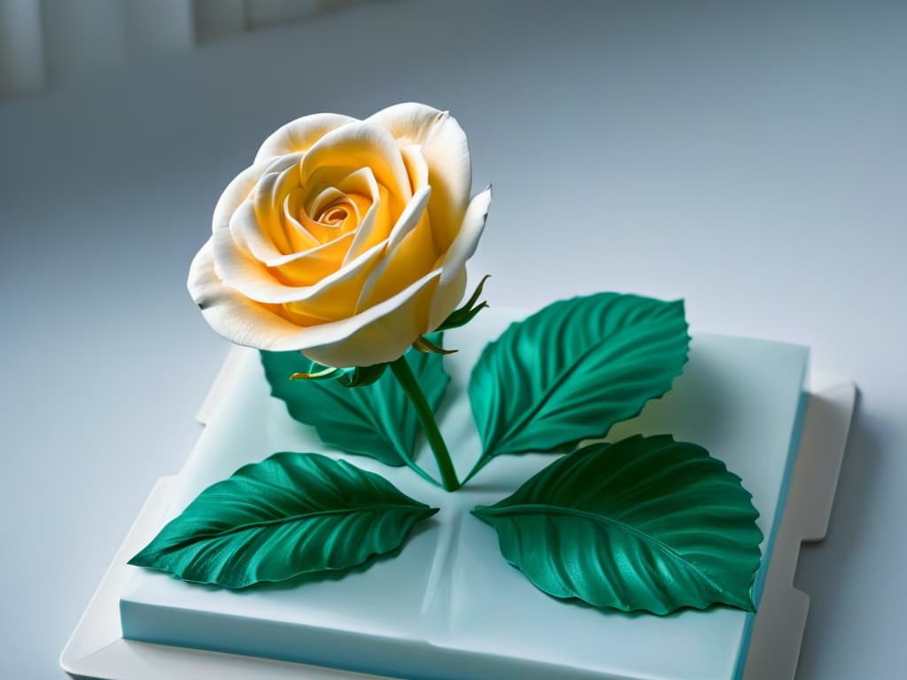  An ultradetailed 8k image of a delicate sugar sculpture of a blooming rose, showcasing intricate petal details and a shimmering finish, set against a soft, blurred background to emphasize its artistry and elegance. hyperrealistic, full body, detailed clothing, highly detailed, cinematic lighting, stunningly beautiful, intricate, sharp focus, f/1. 8, 85mm, (centered image composition), (professionally color graded), ((bright soft diffused light)), volumetric fog, trending on instagram, trending on tumblr, HDR 4K, 8K