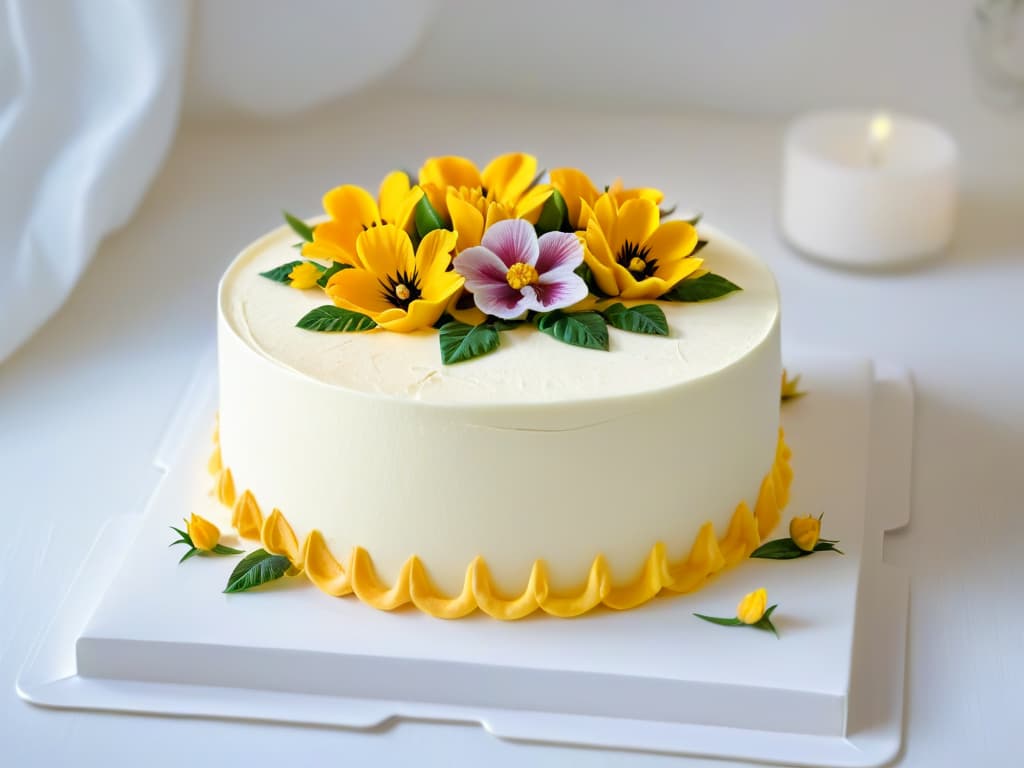  An elegant, minimalistic image of a beautifully decorated cake on a sleek, white platter, adorned with intricate piping details and delicate edible flowers. The cake sits against a soft, blurred background, highlighting its flawless craftsmanship and artful presentation. The image exudes sophistication and artistry, perfectly capturing the essence of a highend pastry competition. hyperrealistic, full body, detailed clothing, highly detailed, cinematic lighting, stunningly beautiful, intricate, sharp focus, f/1. 8, 85mm, (centered image composition), (professionally color graded), ((bright soft diffused light)), volumetric fog, trending on instagram, trending on tumblr, HDR 4K, 8K