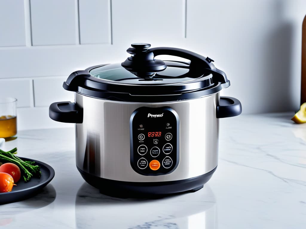  An ultradetailed image of a sleek, modern pressure cooker sitting on a pristine white marble countertop. The pressure cooker is gleaming with a brushed stainless steel finish, reflecting the ambient light in the kitchen. The handle of the pressure cooker is ergonomically designed with a touch of futuristic elegance, and a digital display on the front panel indicates the cooking progress. The scene is captured in such high resolution that every tiny detail, from the subtle brand logo to the steam vent on the lid, is crystal clear and visually captivating. hyperrealistic, full body, detailed clothing, highly detailed, cinematic lighting, stunningly beautiful, intricate, sharp focus, f/1. 8, 85mm, (centered image composition), (professionally color graded), ((bright soft diffused light)), volumetric fog, trending on instagram, trending on tumblr, HDR 4K, 8K