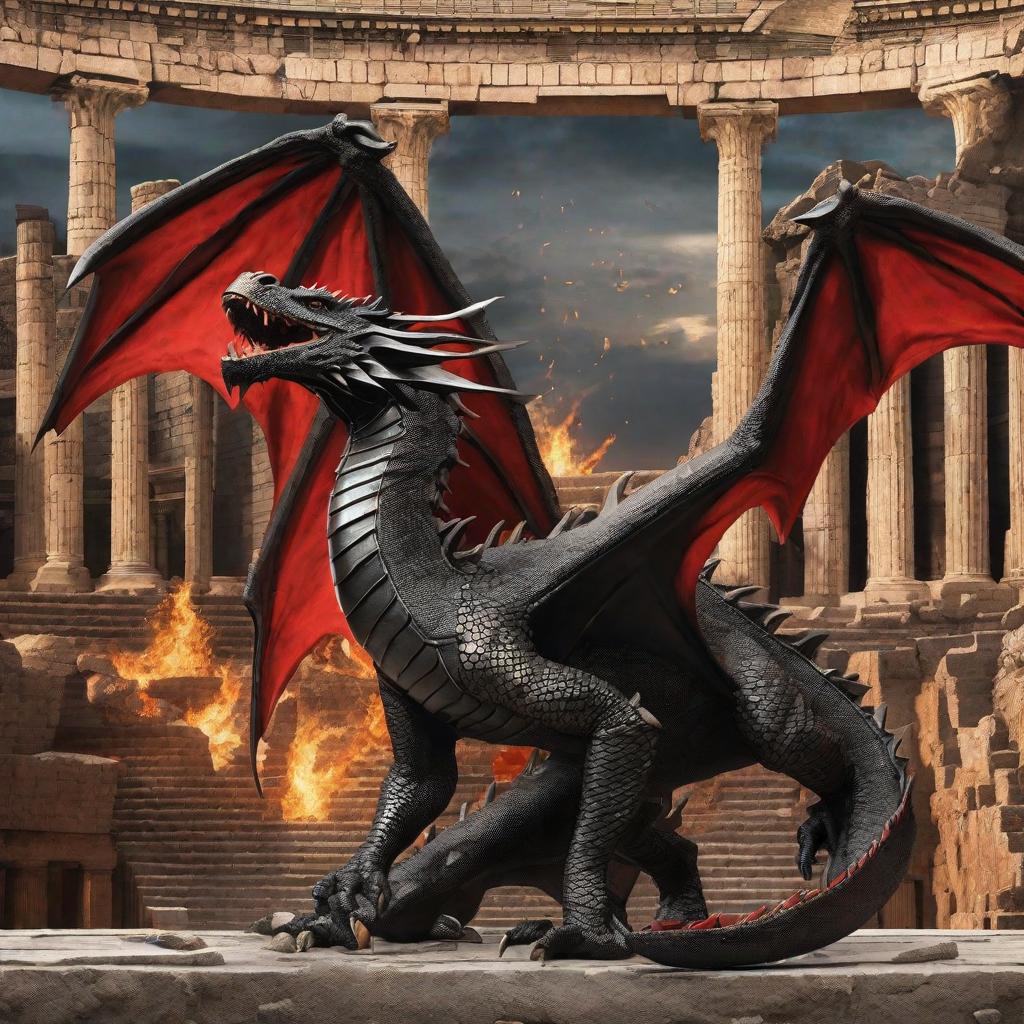  masterpiece, best quality, Best quality, masterpiece, realistic, highly detailed, dragon has red, black, and gold scales. In a greek colosseum background with crumbling columns on either side of the dragon. The dragon is rising from ashes, flames, and cinders of a burning colosseum. The columns are black with ash. The dragon has steam coming from its mouth.