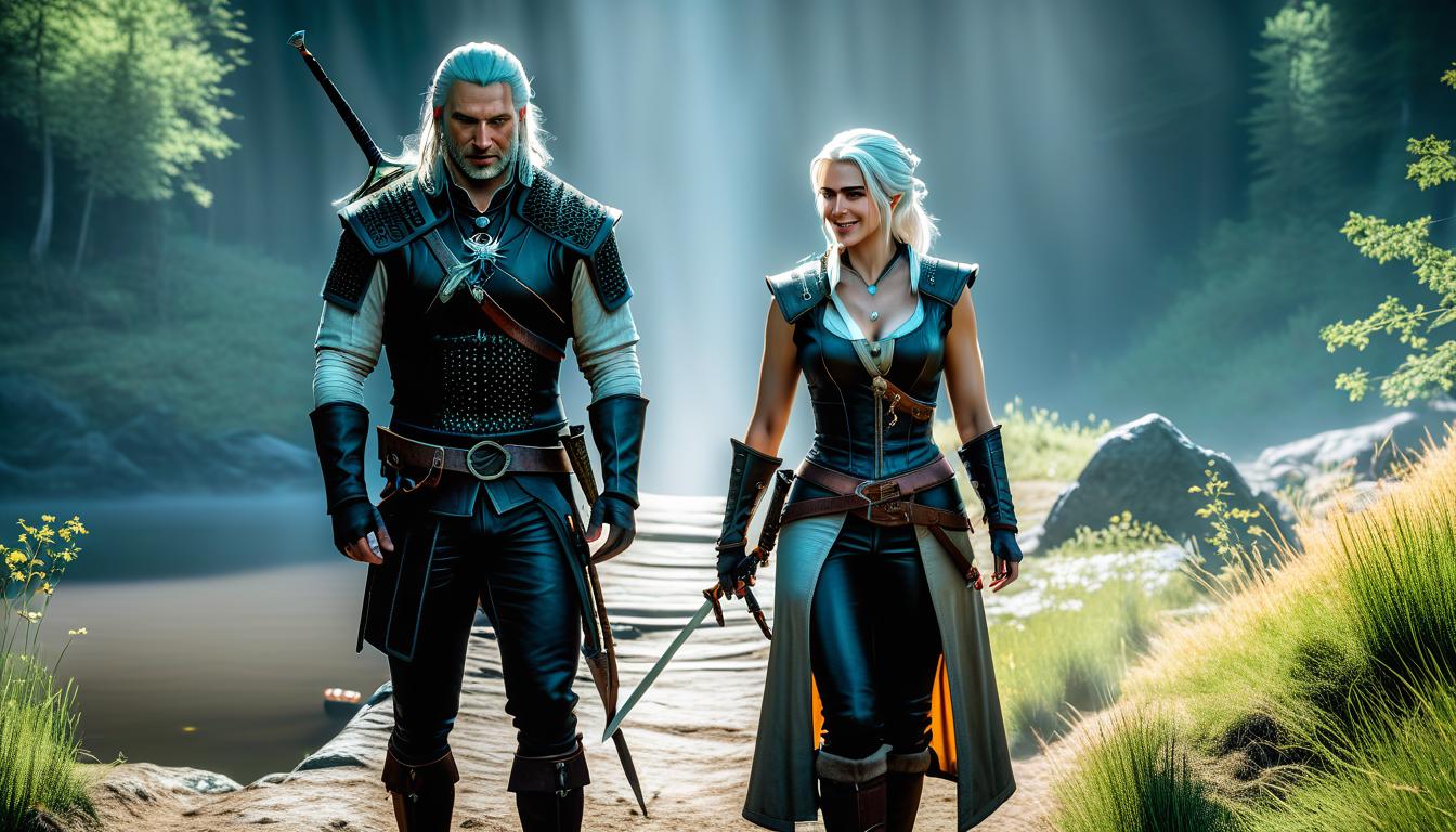  HDR photo of The Witcher and the beautiful Ciri, smiling. . High dynamic range, vivid, rich details, clear shadows and highlights, realistic, intense, enhanced contrast, highly detailed hyperrealistic, full body, detailed clothing, highly detailed, cinematic lighting, stunningly beautiful, intricate, sharp focus, f/1. 8, 85mm, (centered image composition), (professionally color graded), ((bright soft diffused light)), volumetric fog, trending on instagram, trending on tumblr, HDR 4K, 8K