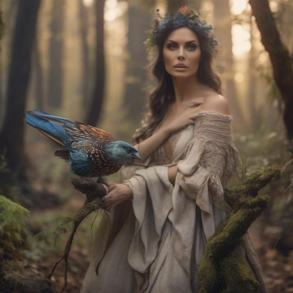  cinematic film still Amidst the gloomy magical forest, forest witch full length, magic birds around, witch full face witch conjures big colorful spectacular magic . shallow depth of field, vignette, highly detailed, high budget, bokeh, cinemascope, moody, epic, gorgeous, film grain, grainy hyperrealistic, full body, detailed clothing, highly detailed, cinematic lighting, stunningly beautiful, intricate, sharp focus, f/1. 8, 85mm, (centered image composition), (professionally color graded), ((bright soft diffused light)), volumetric fog, trending on instagram, trending on tumblr, HDR 4K, 8K