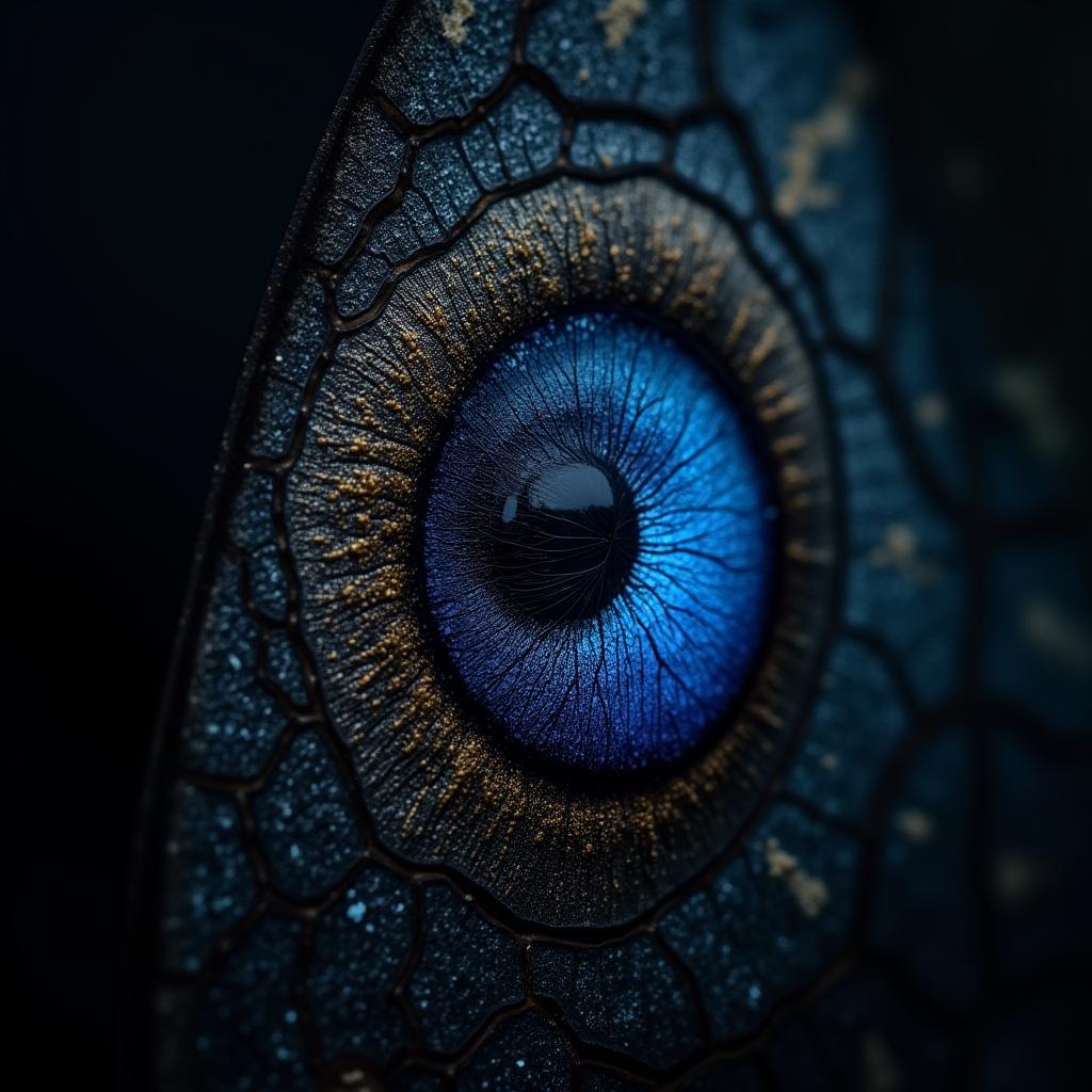  good quality, high quality, intricate close up of a butterfly wing: textured blue and black patterns with eye like markings