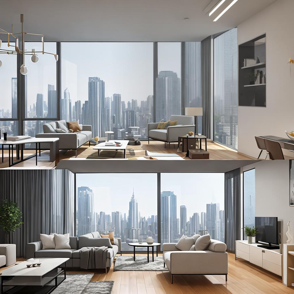  masterpiece, best quality, best quality, masterpiece, 8k resolution, high resolution apartment Living room concept art with floor-to-ceiling windows and modern furniture