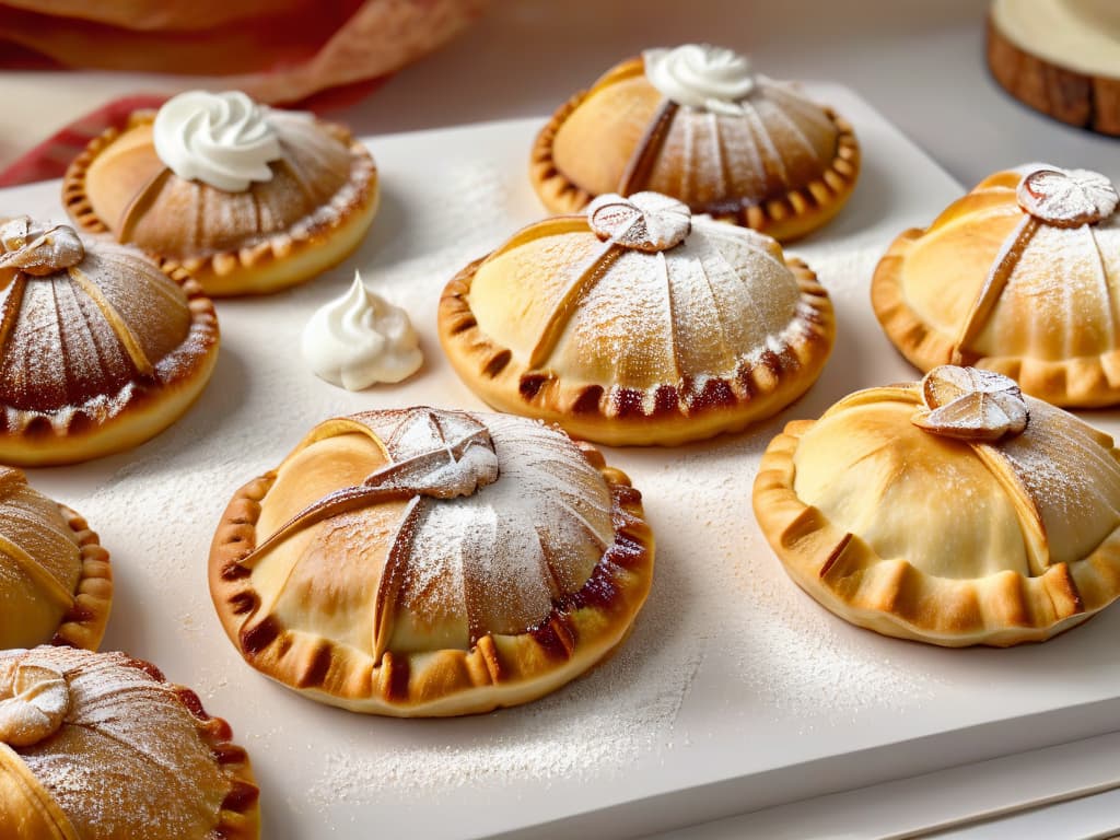  A closeup, highresolution image of a delicate hand gently sprinkling powdered sugar over a freshly baked batch of goldenbrown empanadas. The powdered sugar glistens in the soft, warm light, creating a mesmerizing contrast against the textured surface of the pastries. Each empanada is meticulously crafted, with intricate patterns of braided dough and perfectly crimped edges, showcasing the artistry and skill involved in creating these sweet treats. The overall aesthetic is elegant and inviting, evoking a sense of culinary expertise and creativity in the realm of dessert decoration. hyperrealistic, full body, detailed clothing, highly detailed, cinematic lighting, stunningly beautiful, intricate, sharp focus, f/1. 8, 85mm, (centered image composition), (professionally color graded), ((bright soft diffused light)), volumetric fog, trending on instagram, trending on tumblr, HDR 4K, 8K