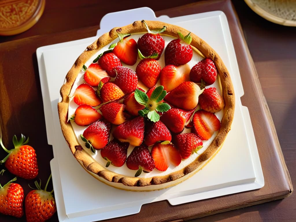  A closeup, ultrahigh resolution image of a beautifully crafted organic strawberry tart, showcasing the vibrant red strawberries arranged in a circular pattern on a golden, flaky crust. The strawberries glisten with natural juices, and a light dusting of powdered sugar delicately rests on top, enhancing the visual appeal. The image captures the intricate details of the dessert, highlighting the freshness and quality of the organic ingredients used. hyperrealistic, full body, detailed clothing, highly detailed, cinematic lighting, stunningly beautiful, intricate, sharp focus, f/1. 8, 85mm, (centered image composition), (professionally color graded), ((bright soft diffused light)), volumetric fog, trending on instagram, trending on tumblr, HDR 4K, 8K