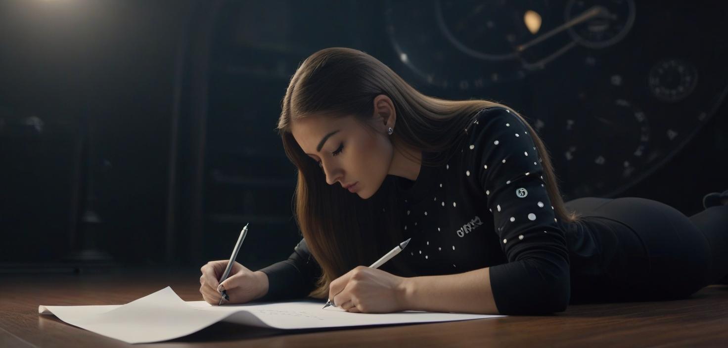  A girl with long hair in a black jersey is writing dots on a piece of paper, sitting on the floor. In the background, there are huge black clocks with hands. hyperrealistic, full body, detailed clothing, highly detailed, cinematic lighting, stunningly beautiful, intricate, sharp focus, f/1. 8, 85mm, (centered image composition), (professionally color graded), ((bright soft diffused light)), volumetric fog, trending on instagram, trending on tumblr, HDR 4K, 8K