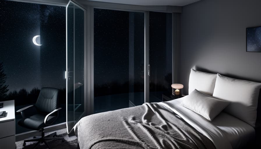  A high resolution photograph of a modern Bedroom, hyper realistic, moonlit sky, starry background, artificial exterior lighting, illuminated windows, serene ambiance, subtle reflections, soft shadows, night time landscaping, clear night sky, captured with a high ISO setting, tranquil and mysterious atmosphere, detailed textures visible under moonlight, make it aesthetic cozy and pinterest type
