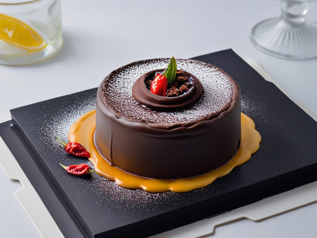  An ultradetailed closeup image of a chocolate lava cake oozing with molten chocolate, garnished with a single red chili pepper on a sleek black plate, set against a stark white background for a striking and minimalist visual impact. hyperrealistic, full body, detailed clothing, highly detailed, cinematic lighting, stunningly beautiful, intricate, sharp focus, f/1. 8, 85mm, (centered image composition), (professionally color graded), ((bright soft diffused light)), volumetric fog, trending on instagram, trending on tumblr, HDR 4K, 8K