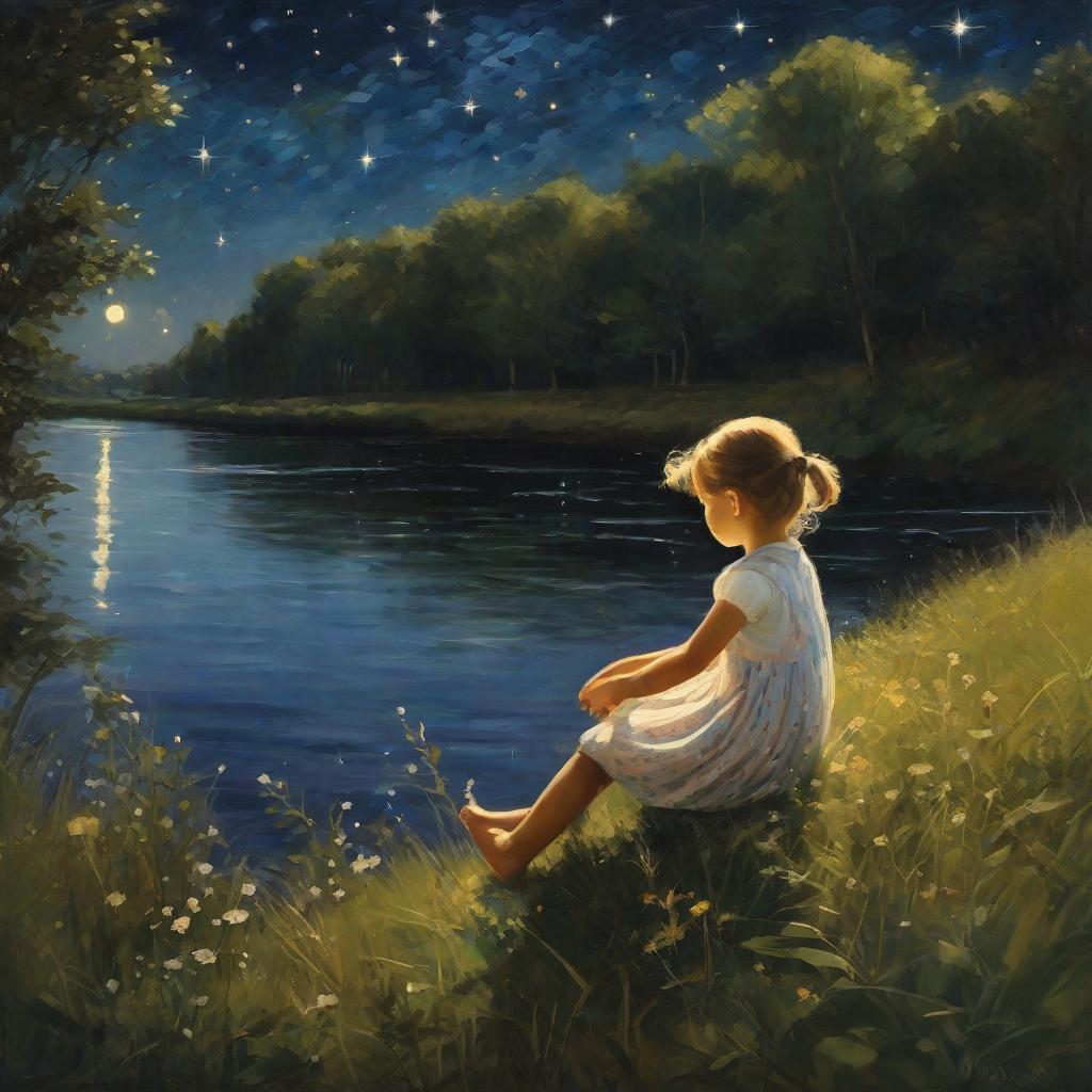  masterpiece, best quality,Can you draw me a little girl sitting by the river looking up at the stars?