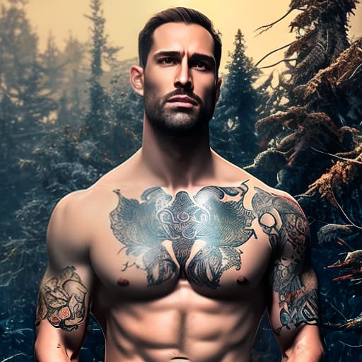 mdjrny-v4 style Name JP male with a darck background and his body full of tattoos Enchanted Forests hyperrealistic, full body, detailed clothing, highly detailed, cinematic lighting, stunningly beautiful, intricate, sharp focus, f/1. 8, 85mm, (centered image composition), (professionally color graded), ((bright soft diffused light)), volumetric fog, trending on instagram, trending on tumblr, HDR 4K, 8K