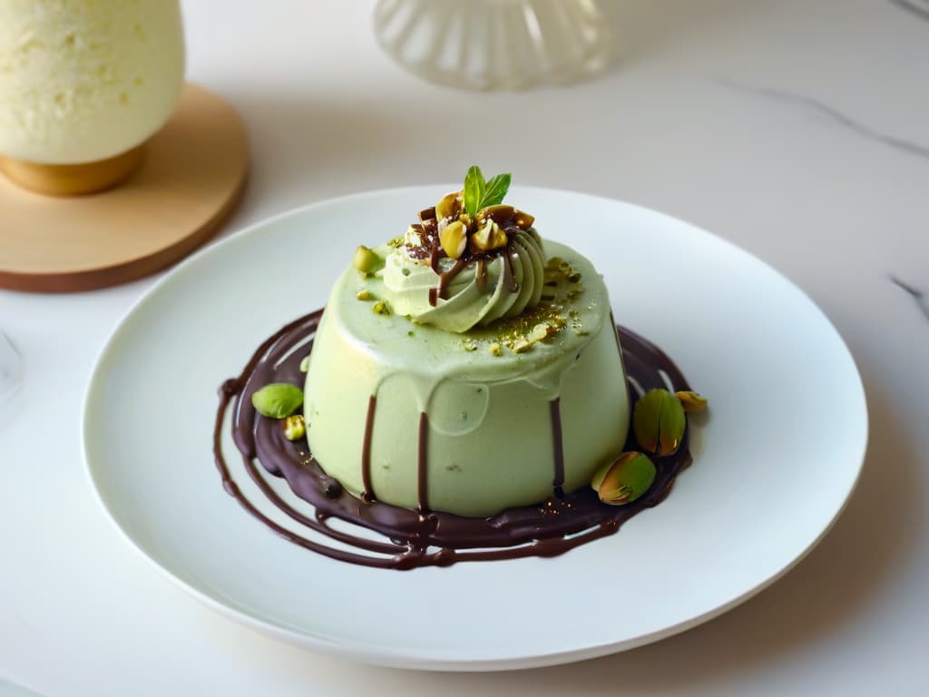  A closeup, ultradetailed image of a creamy scoop of artisanal pistachio gelato elegantly garnished with chopped pistachios and a drizzle of rich chocolate sauce, sitting on a sleek, modern white porcelain dessert plate. The gelato is perfectly formed, showcasing smooth, intricate swirls, with tiny air bubbles creating a light, airy texture. The lighting is soft, casting a subtle glow on the glossy surface of the gelato, highlighting its natural pastel green hue. The background is blurred, emphasizing the exquisite simplicity and elegance of this decadent dessert. hyperrealistic, full body, detailed clothing, highly detailed, cinematic lighting, stunningly beautiful, intricate, sharp focus, f/1. 8, 85mm, (centered image composition), (professionally color graded), ((bright soft diffused light)), volumetric fog, trending on instagram, trending on tumblr, HDR 4K, 8K