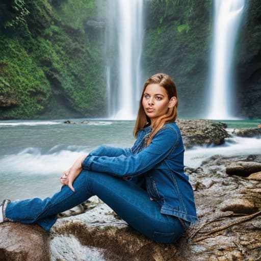 portrait+ style mujer madura voluptuosa en jeans, en una vista panorámica de una cascada