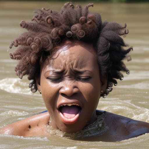  african woman's head with short and curly hair sinking in the river she's screaming and panic