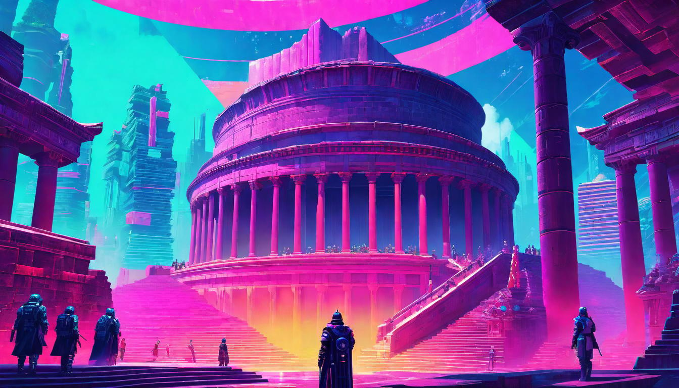  vaporwave,cyberpunk game style Wise leader, gathered followers around, sharing stories, ancient amphitheater, setting suneon, dystopian, futuristic, digital, vibrant, detailed, high contrast, reminiscent of cyberpunk genre video games,retro aesthetic, cyberpunk, vibrant, neon colors, vintage 80s and 90s style, highly detailed