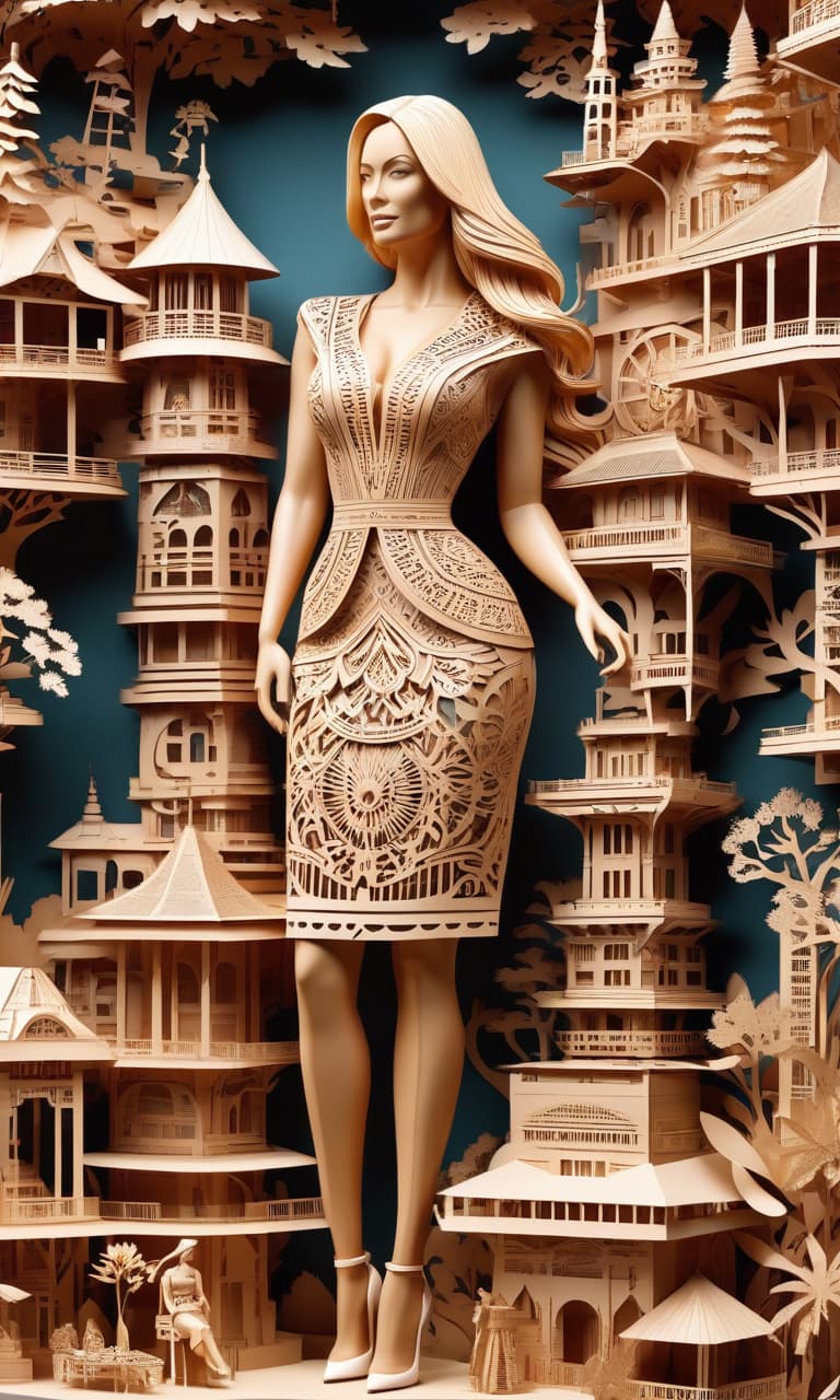  stacked papercut art of Visual art of a place where inventions and adventures are felt, a very detailed and deep image. A blonde woman with a beautiful back in fancy ethnic clothing. Use only three colors and their shades. . 3D, layered, dimensional, depth, precision cut, stacked layers, papercut, high contrast hyperrealistic, full body, detailed clothing, highly detailed, cinematic lighting, stunningly beautiful, intricate, sharp focus, f/1. 8, 85mm, (centered image composition), (professionally color graded), ((bright soft diffused light)), volumetric fog, trending on instagram, trending on tumblr, HDR 4K, 8K