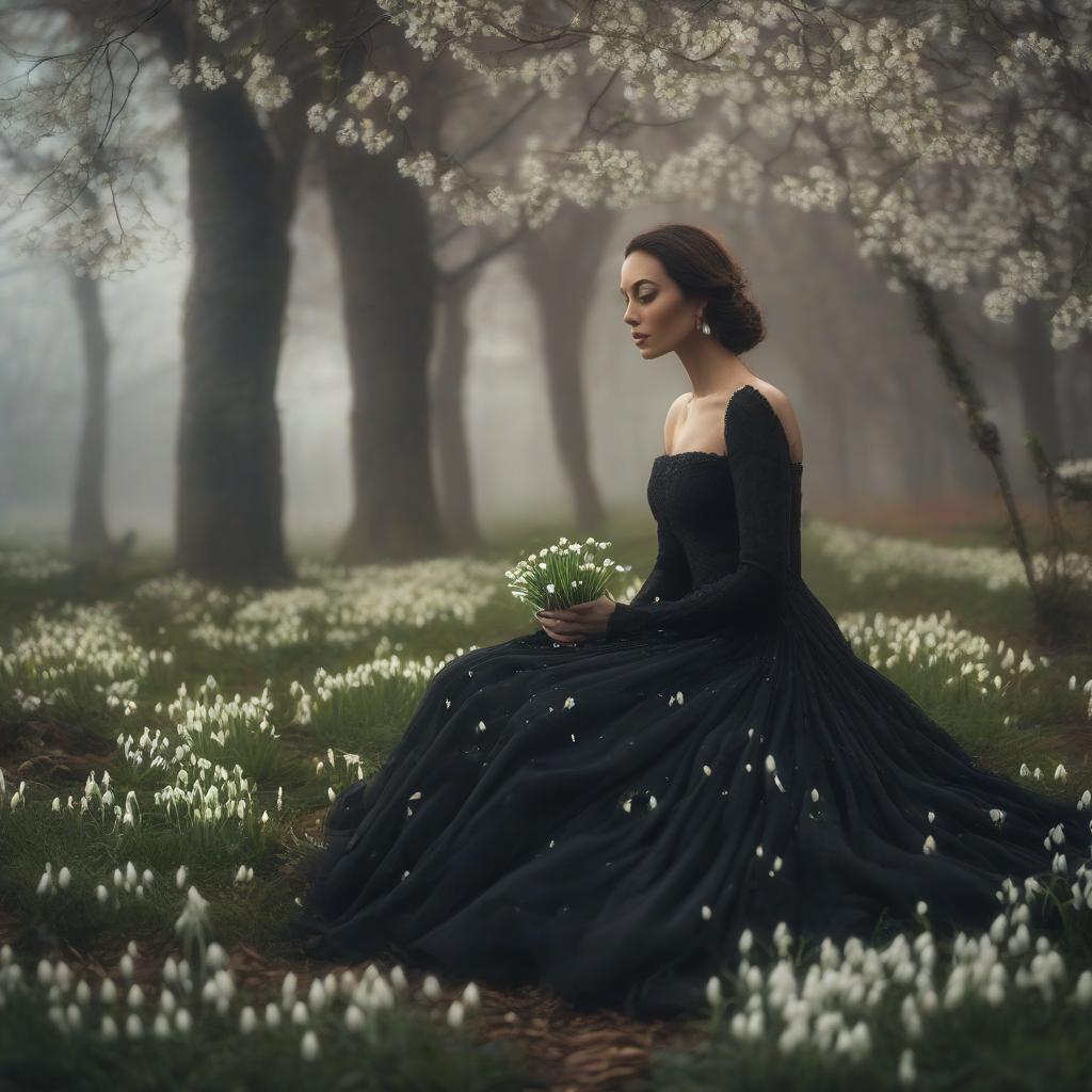  Sad beauty in a black dress with a bunch of snowdrops in the 2000s. hyperrealistic, full body, detailed clothing, highly detailed, cinematic lighting, stunningly beautiful, intricate, sharp focus, f/1. 8, 85mm, (centered image composition), (professionally color graded), ((bright soft diffused light)), volumetric fog, trending on instagram, trending on tumblr, HDR 4K, 8K