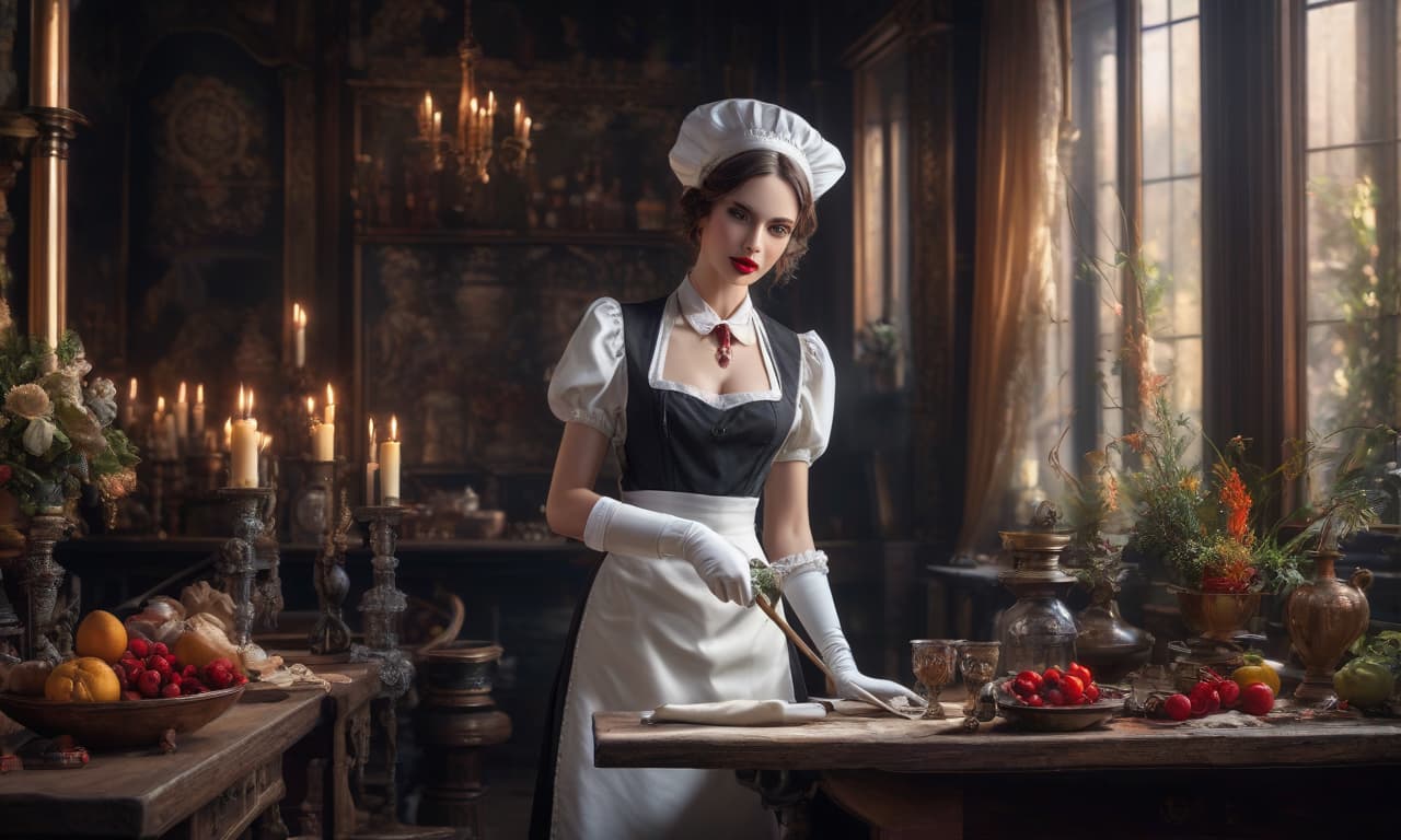  A beautiful named Vanir, a maid, stands upright, with pale skin, vividly painted eyes, and red lips. She is cleaning the table in a shining , white gloves, her legs visible in heels with straps, a white apron, and a cap on her head (a dark frame: 1.17), an epic realistic, gray, (neutral colors), artistic, (hdr: 1.5), (muted colors: 1.2), with high detail, (ArtStation: 1.5), cinematic, warm light, dramatic light, (complex details: 1.1), complex background, (Rutkowski: 0.8), azure and orange, (details), complex details, super detailed. hyperrealistic, full body, detailed clothing, highly detailed, cinematic lighting, stunningly beautiful, intricate, sharp focus, f/1. 8, 85mm, (centered image composition), (professionally color graded), ((bright soft diffused light)), volumetric fog, trending on instagram, trending on tumblr, HDR 4K, 8K