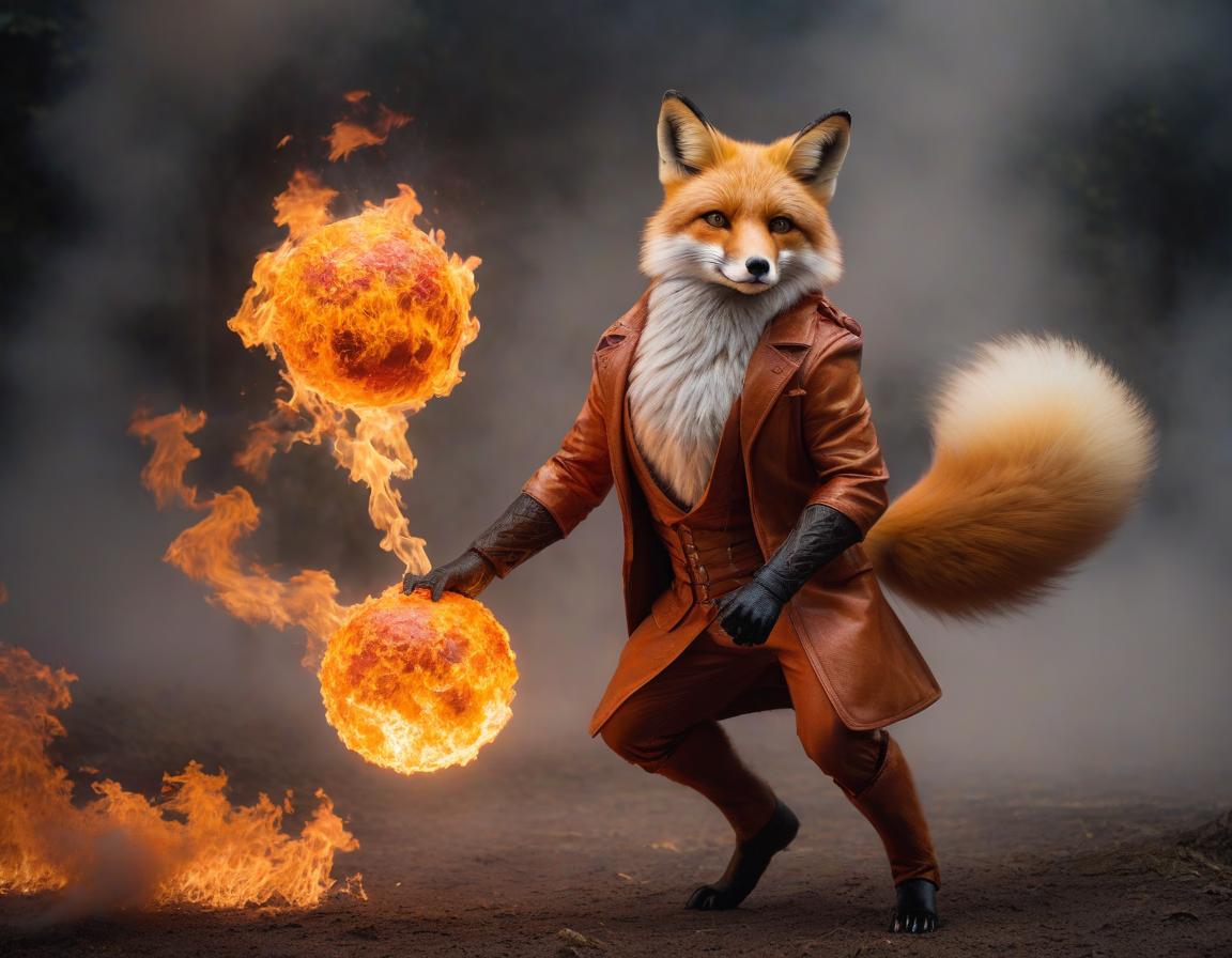  The fiery fox is playing with a flaming ball. hyperrealistic, full body, detailed clothing, highly detailed, cinematic lighting, stunningly beautiful, intricate, sharp focus, f/1. 8, 85mm, (centered image composition), (professionally color graded), ((bright soft diffused light)), volumetric fog, trending on instagram, trending on tumblr, HDR 4K, 8K