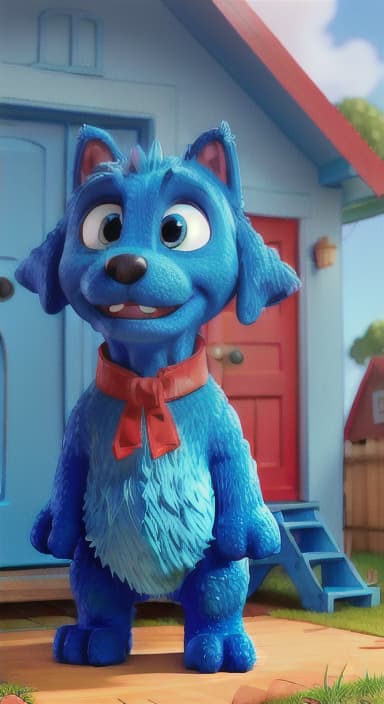  {Max the big blue dog standing in front of a cozy little house with a red door, The big blue dog is large with sky blue fur, big round eyes, a black nose, and floppy ears.