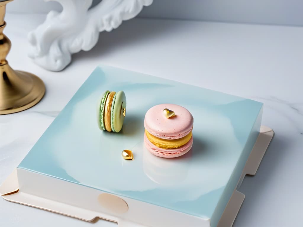  An ultradetailed closeup image of a delicate French macaron with a glossy, pastelhued shell adorned with a single edible gold leaf, resting on a marble countertop with soft natural lighting illuminating its intricate texture and elegant presentation. hyperrealistic, full body, detailed clothing, highly detailed, cinematic lighting, stunningly beautiful, intricate, sharp focus, f/1. 8, 85mm, (centered image composition), (professionally color graded), ((bright soft diffused light)), volumetric fog, trending on instagram, trending on tumblr, HDR 4K, 8K