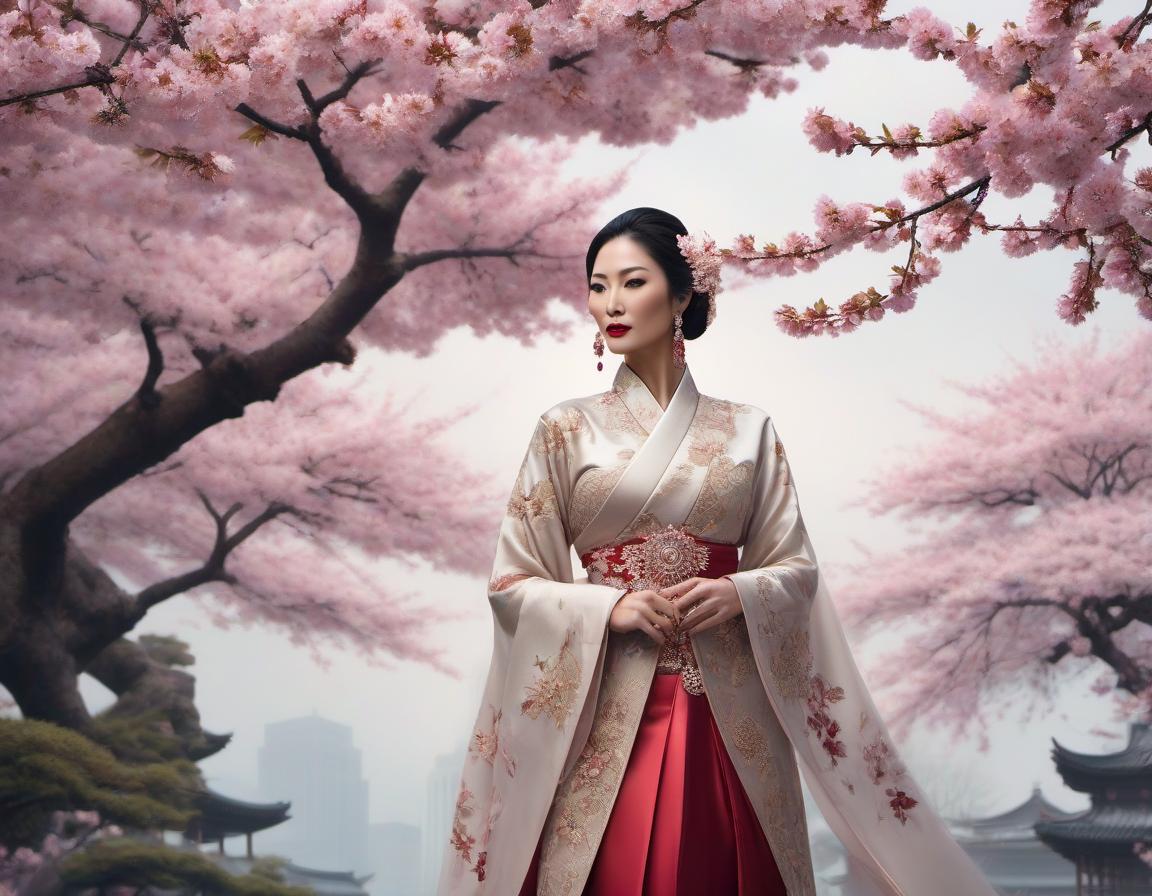  An illustration of a woman in traditional Asian attire with intricate jewelry, against a backdrop of cherry blossoms. hyperrealistic, full body, detailed clothing, highly detailed, cinematic lighting, stunningly beautiful, intricate, sharp focus, f/1. 8, 85mm, (centered image composition), (professionally color graded), ((bright soft diffused light)), volumetric fog, trending on instagram, trending on tumblr, HDR 4K, 8K