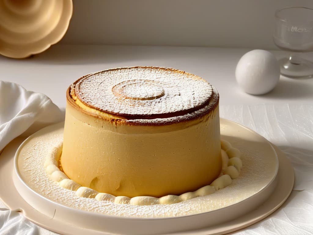  A closeup, ultradetailed image of a perfectly textured, goldenbrown soufflé rising elegantly from a white ramekin, with delicate air bubbles visible on the surface and a slight dusting of powdered sugar on top, set against a simple, clean background to highlight the intricate structure and artisanal quality of the dessert. hyperrealistic, full body, detailed clothing, highly detailed, cinematic lighting, stunningly beautiful, intricate, sharp focus, f/1. 8, 85mm, (centered image composition), (professionally color graded), ((bright soft diffused light)), volumetric fog, trending on instagram, trending on tumblr, HDR 4K, 8K