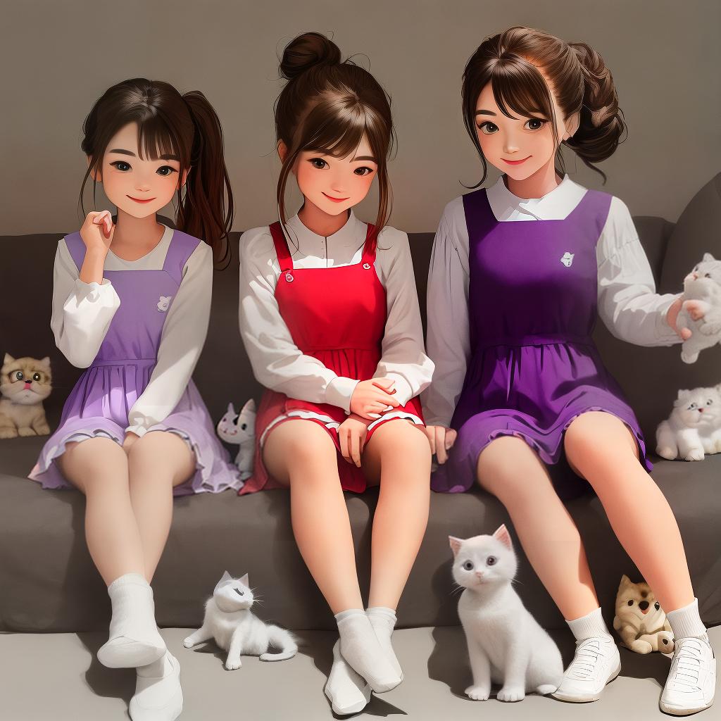  masterpiece, best quality, a grey and white kitten a purple pillow next to a scruffy white puppy a red pillow. Behind them, two s are sitting and smiling. The behind the puppy has reddish-brown hair in a low bun and wearing a red dress. The behind the kitten has golden-like hair in a ponytail and is wearing a purple dress.