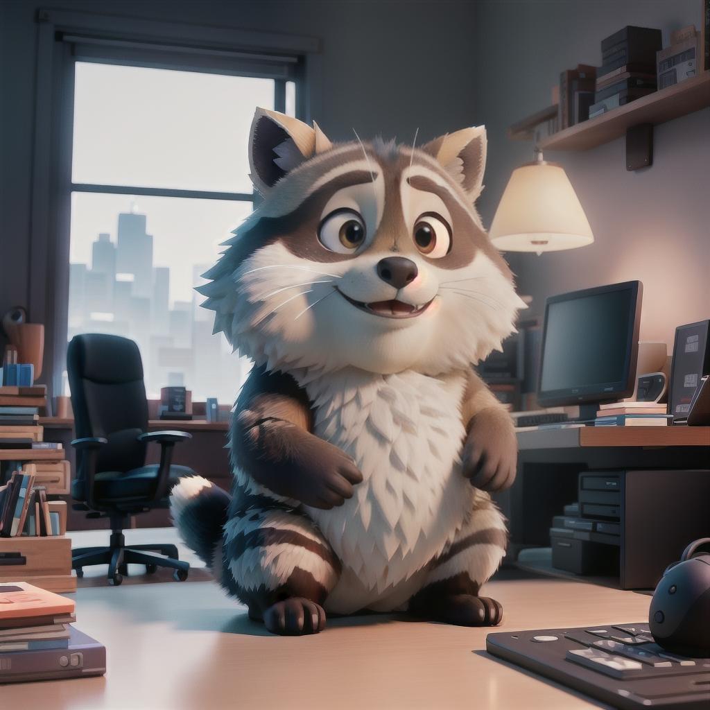  raccoon sitting in gaming chair front a computer on desktop, ((semi anthropomorphic)),(full body), tail, belly, sitting, fat, (chubby), (((white background))), solo, desktop, gaming chair, side view,  [[[clothes]]] hyperrealistic, full body, detailed clothing, highly detailed, cinematic lighting, stunningly beautiful, intricate, sharp focus, f/1. 8, 85mm, (centered image composition), (professionally color graded), ((bright soft diffused light)), volumetric fog, trending on instagram, trending on tumblr, HDR 4K, 8K