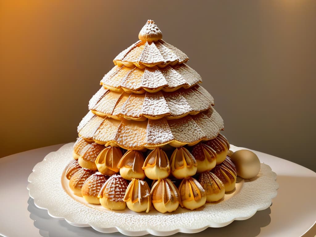  An ultradetailed closeup image of a perfectly goldenbrown, intricately layered croquembouche dessert, adorned with delicate spun sugar decorations, sitting elegantly on a pristine white porcelain platter. The exquisite craftsmanship and attention to detail in the dessert's construction are evident, showcasing the artistry and precision synonymous with Mary Berry's legacy in the realm of British pastry. Each choux pastry ball glistens under the soft lighting, inviting the viewer to appreciate the skill and dedication required to create such a visually stunning and delicious masterpiece. hyperrealistic, full body, detailed clothing, highly detailed, cinematic lighting, stunningly beautiful, intricate, sharp focus, f/1. 8, 85mm, (centered image composition), (professionally color graded), ((bright soft diffused light)), volumetric fog, trending on instagram, trending on tumblr, HDR 4K, 8K