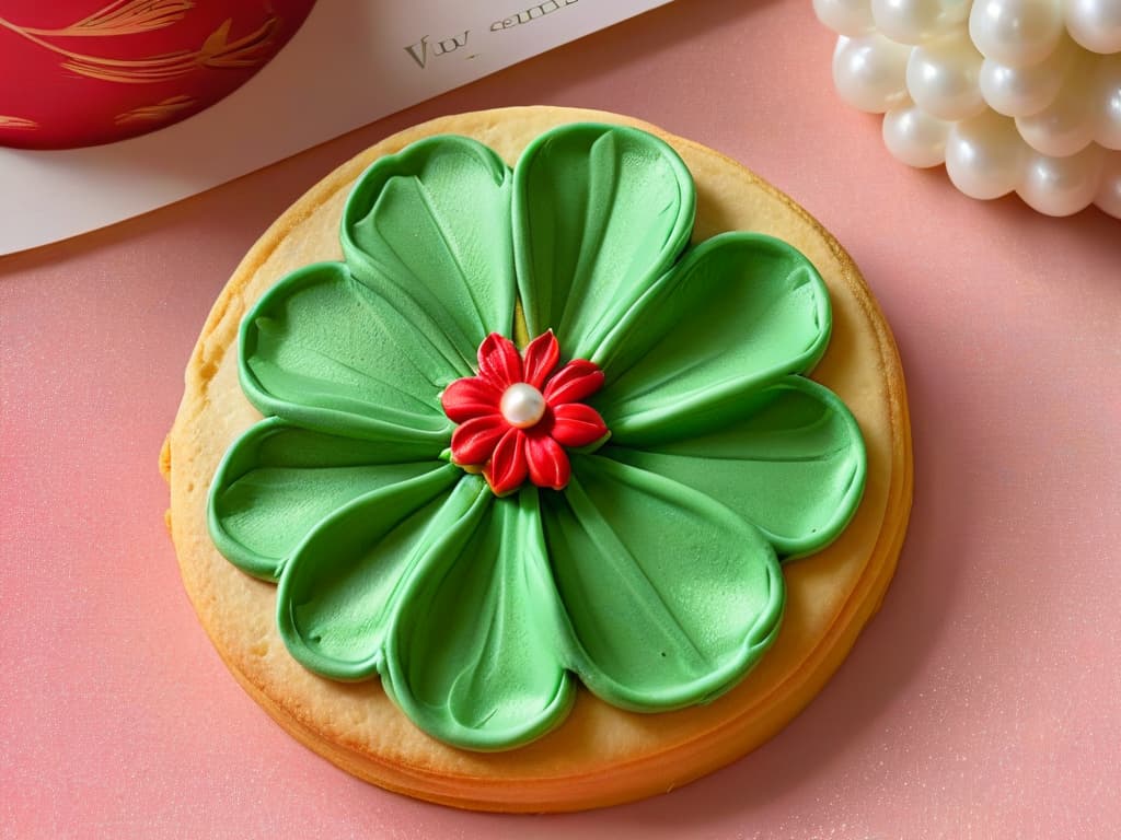  A closeup, ultradetailed image of a delicate, intricately decorated sugar cookie in the shape of a vibrant, blooming flower. The cookie features exquisite icing details in various shades of pink, red, and green, with tiny edible pearls adorning the center of each petal. The precision and artistry of the design are highlighted by the crisp, flawless edges of the cookie and the subtle shimmer of edible glitter dusted over the petals. The background is a soft, neutral tone to enhance the focus on the stunning cookie artwork. hyperrealistic, full body, detailed clothing, highly detailed, cinematic lighting, stunningly beautiful, intricate, sharp focus, f/1. 8, 85mm, (centered image composition), (professionally color graded), ((bright soft diffused light)), volumetric fog, trending on instagram, trending on tumblr, HDR 4K, 8K