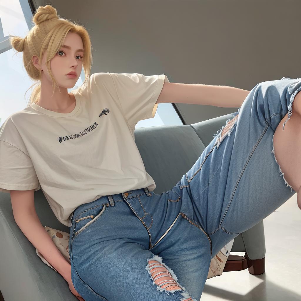  masterpiece, best quality, blonde bun, baggy shirt, Stanley in hand, ripped jeans, long nails