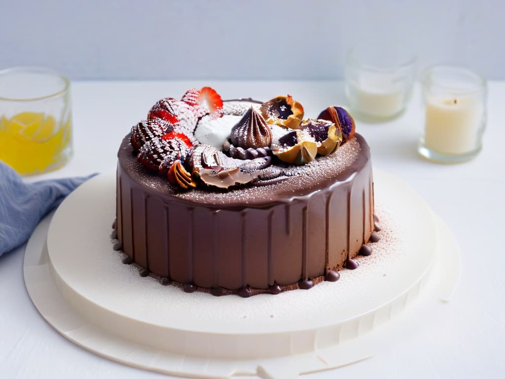  A stunning, minimalist image of a decadent chocolate and hazelnut cake on a sleek white plate, garnished with a dusting of cocoa powder and a few whole hazelnuts on the side. The cake should be perfectly sliced to showcase the rich, moist layers within, with a subtle sheen on the chocolate ganache frosting. The background should be a soft, neutral color to emphasize the elegance and sophistication of the dessert. hyperrealistic, full body, detailed clothing, highly detailed, cinematic lighting, stunningly beautiful, intricate, sharp focus, f/1. 8, 85mm, (centered image composition), (professionally color graded), ((bright soft diffused light)), volumetric fog, trending on instagram, trending on tumblr, HDR 4K, 8K