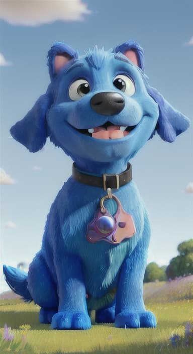  {A happy, big blue dog wagging its tail in a colorful meadow, The big blue dog is large with sky blue fur, big round eyes, a black nose, and floppy ears.