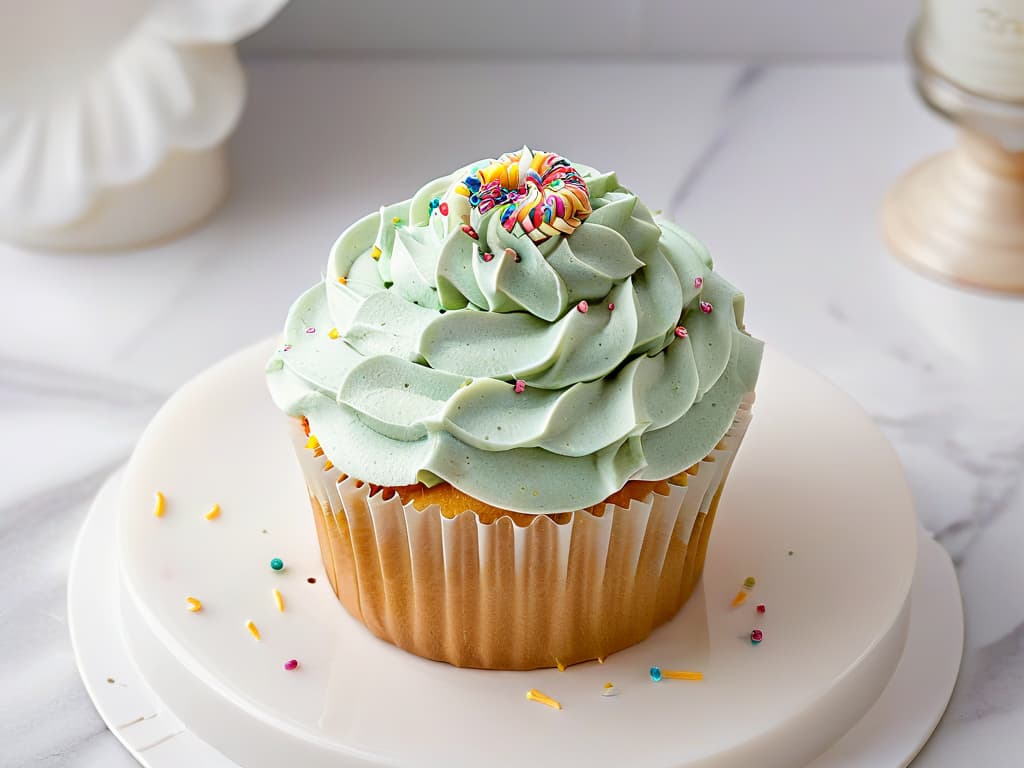  A closeup, ultradetailed image of a perfectly frosted cupcake with colorful sprinkles, placed on a sleek, white marble countertop. The frosting is swirled elegantly, showcasing pastel hues that complement each other harmoniously. The sprinkles glisten under a soft, natural light, creating a mesmerizing and appetizing visual appeal. hyperrealistic, full body, detailed clothing, highly detailed, cinematic lighting, stunningly beautiful, intricate, sharp focus, f/1. 8, 85mm, (centered image composition), (professionally color graded), ((bright soft diffused light)), volumetric fog, trending on instagram, trending on tumblr, HDR 4K, 8K