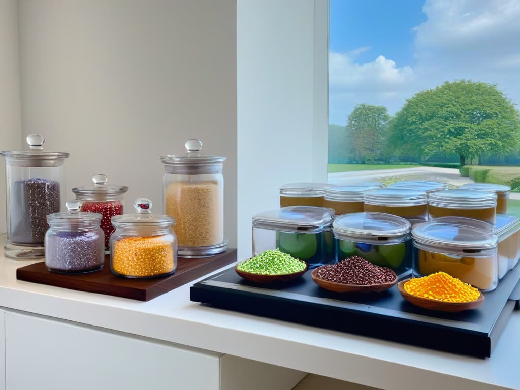  An ultradetailed image of a sleek, organized kitchen workspace specifically designed for efficient pastry production. The image showcases a pristine white marble countertop with neatly arranged baking tools, a minimalist digital timer, and a row of perfectly aligned glass jars filled with colorful sprinkles and toppings. A soft, natural light filters through a large window, casting gentle shadows that highlight the meticulous organization of the workspace. The overall aesthetic is modern, professional, and visually inspiring, embodying the essence of efficient pastry management. hyperrealistic, full body, detailed clothing, highly detailed, cinematic lighting, stunningly beautiful, intricate, sharp focus, f/1. 8, 85mm, (centered image composition), (professionally color graded), ((bright soft diffused light)), volumetric fog, trending on instagram, trending on tumblr, HDR 4K, 8K