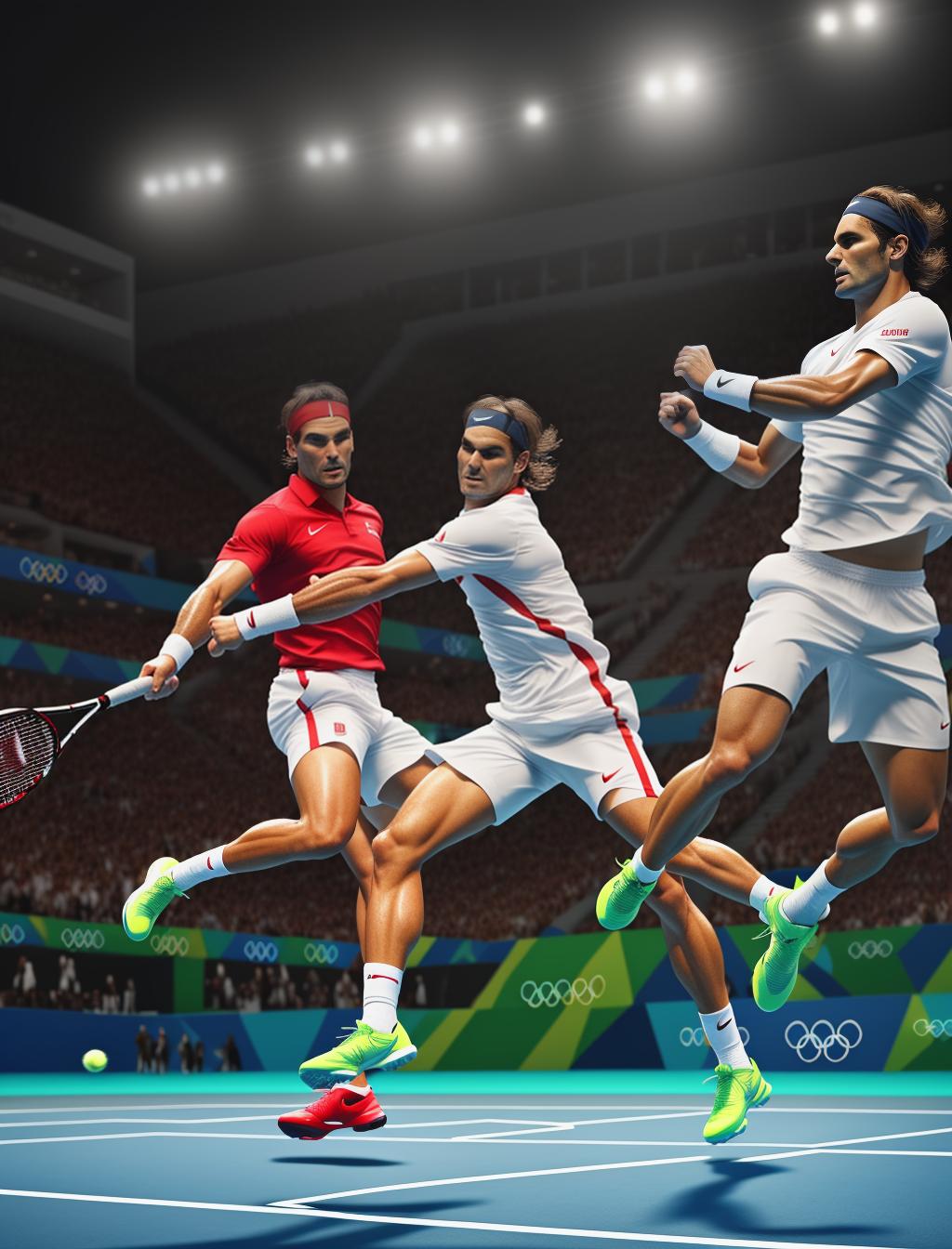  Rafael nadal and Roger federer playing at olympics hyperrealistic, full body, detailed clothing, highly detailed, cinematic lighting, stunningly beautiful, intricate, sharp focus, f/1. 8, 85mm, (centered image composition), (professionally color graded), ((bright soft diffused light)), volumetric fog, trending on instagram, trending on tumblr, HDR 4K, 8K