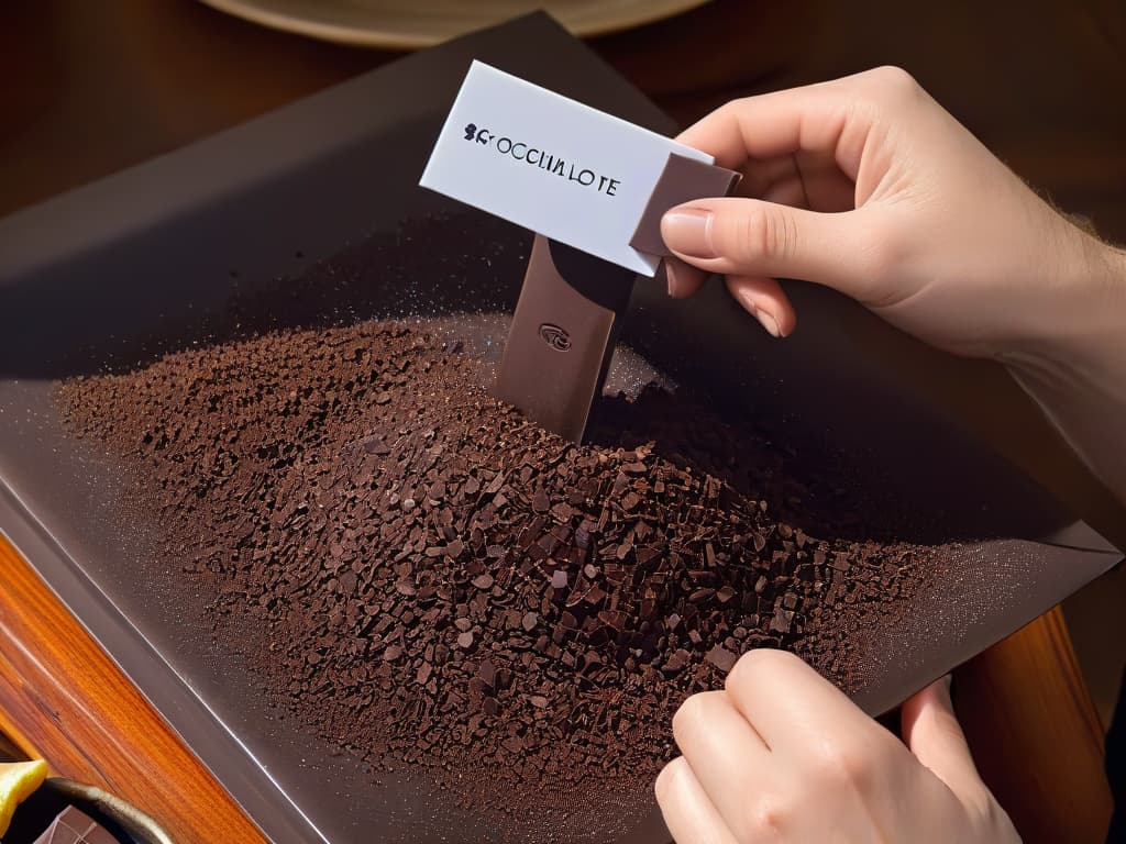  An ultradetailed closeup image of a hand sprinkling flakes of sea salt onto a freshly poured batch of artisanal dark chocolate, highlighting the intricate textures and glossy finish of the chocolate slab. The contrast between the dark velvety chocolate and the glistening sea salt creates a visually striking and minimalist composition, perfect for capturing the essence of the art of crafting handmade chocolate tablets. hyperrealistic, full body, detailed clothing, highly detailed, cinematic lighting, stunningly beautiful, intricate, sharp focus, f/1. 8, 85mm, (centered image composition), (professionally color graded), ((bright soft diffused light)), volumetric fog, trending on instagram, trending on tumblr, HDR 4K, 8K