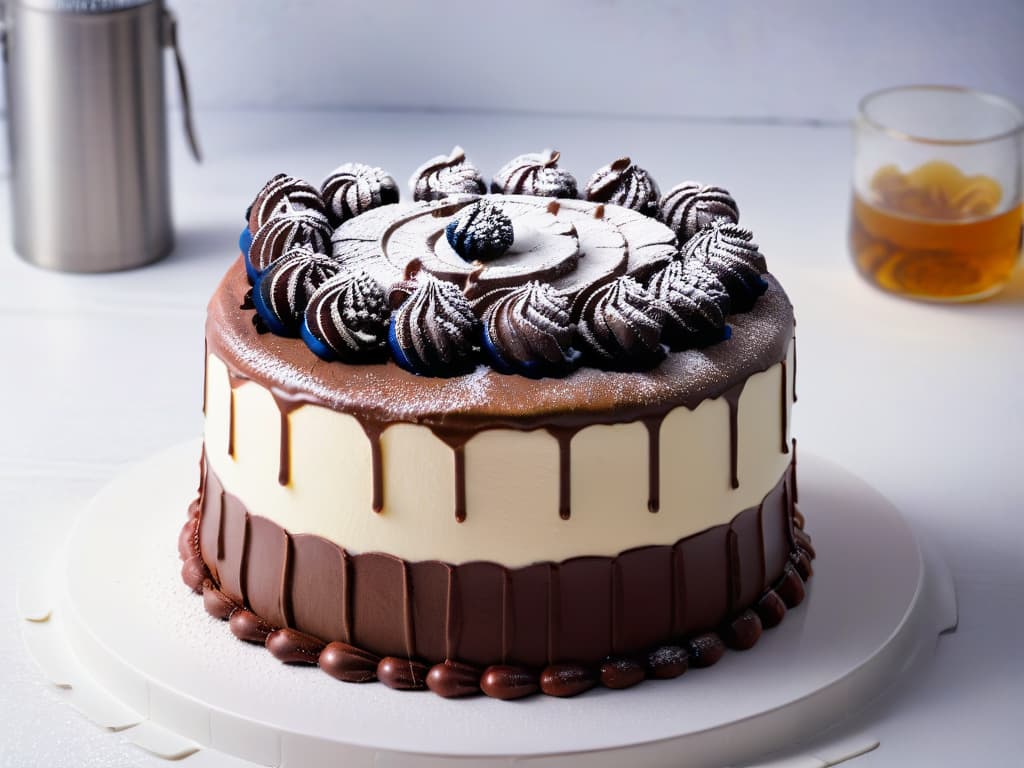  A closeup, photorealistic image of a decadent chocolate cake with layers of rich, fluffy frosting that appears to be rising and fermenting, exuding a tantalizing aroma. The cake is adorned with fresh berries and a dusting of cocoa powder, set against a blurred background of a bustling bakery kitchen with stainless steel countertops and various baking tools scattered around. The lighting highlights the glossy texture of the frosting, making it look almost tangible, while steam rises subtly from the cake, hinting at the fermentation process transforming the dessert into a culinary masterpiece. hyperrealistic, full body, detailed clothing, highly detailed, cinematic lighting, stunningly beautiful, intricate, sharp focus, f/1. 8, 85mm, (centered image composition), (professionally color graded), ((bright soft diffused light)), volumetric fog, trending on instagram, trending on tumblr, HDR 4K, 8K