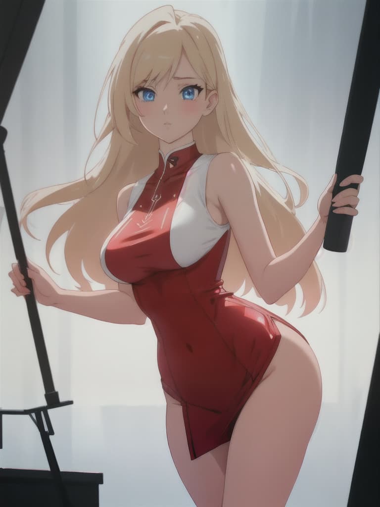  (masterpiece, best quality, anime cartoon woman), (caucasian), young, athletic body, blue eyes, long straight blonde hair, red dress latex tight sleeveless collarless hyperrealistic, full body, detailed clothing, highly detailed, cinematic lighting, stunningly beautiful, intricate, sharp focus, f/1. 8, 85mm, (centered image composition), (professionally color graded), ((bright soft diffused light)), volumetric fog, trending on instagram, trending on tumblr, HDR 4K, 8K