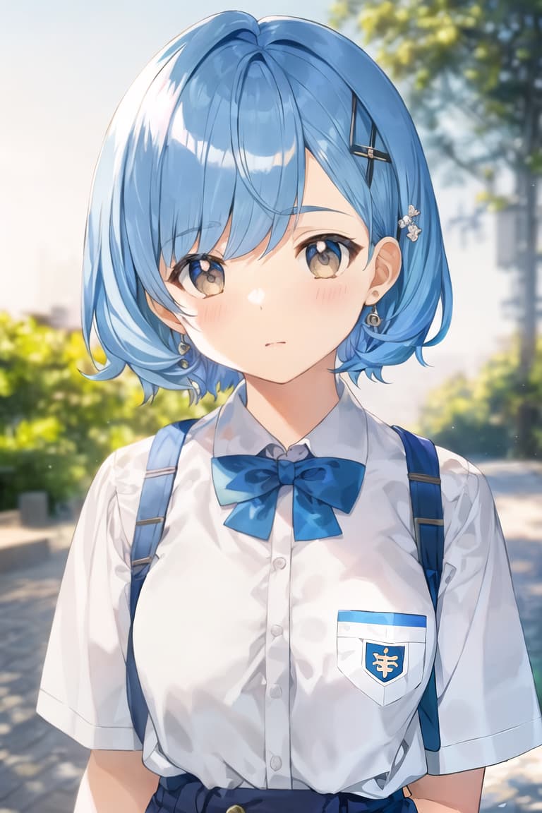  master piece , best quality,Girl, short, fluffy, short cut, fluffy, cute, light blue hair color, school uniform, short bangs, bangs parted diagonally, face facing front, hairpin in front, short sideburns