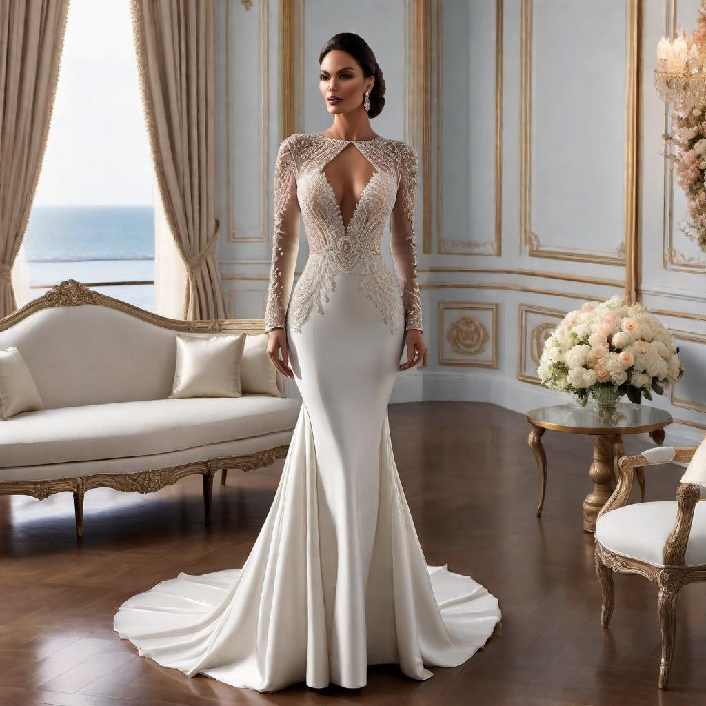  Elegant, long sleeve, mermaid wedding dress, with sophisticated crystalline embellishments, pearls, glass beads, and a long, flowing tail. The dress should have a form-fitting silhouette that flares out at the bottom, creating a mermaid tail effect. The design should be luxurious and romantic, featuring intricate beadwork and crystal details for a dazzling appearance. hyperrealistic, full body, detailed clothing, highly detailed, cinematic lighting, stunningly beautiful, intricate, sharp focus, f/1. 8, 85mm, (centered image composition), (professionally color graded), ((bright soft diffused light)), volumetric fog, trending on instagram, trending on tumblr, HDR 4K, 8K