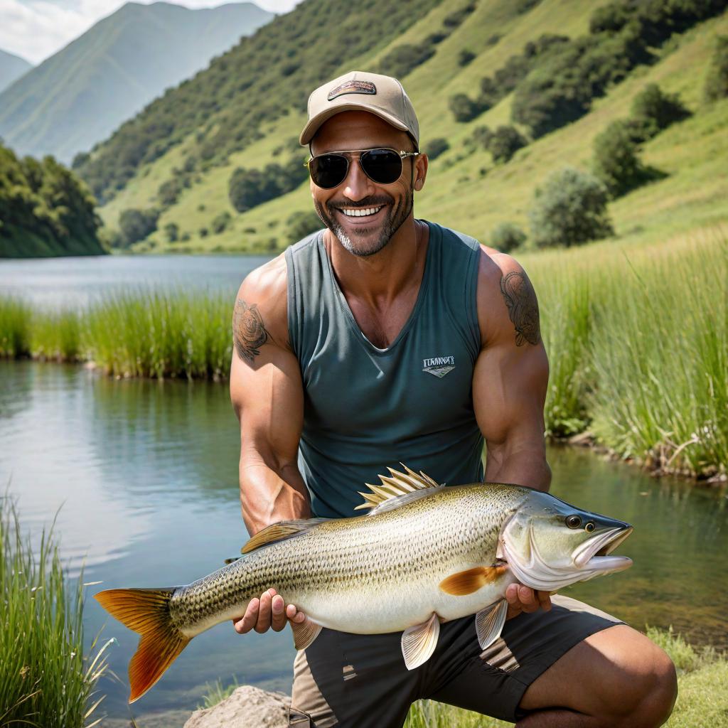  A happy fisher wearing a baseball cap and sunglasses, with outdoor clothing, holding a large Bass fish with a proud smile. The background is a tranquil natural landscape with a body of freshwater and grassy hills, suggesting a remote and peaceful fishing spot away from the city. hyperrealistic, full body, detailed clothing, highly detailed, cinematic lighting, stunningly beautiful, intricate, sharp focus, f/1. 8, 85mm, (centered image composition), (professionally color graded), ((bright soft diffused light)), volumetric fog, trending on instagram, trending on tumblr, HDR 4K, 8K